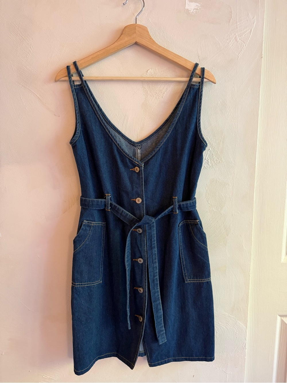Denim Button Front Mini Dress Belted Pockets Size M